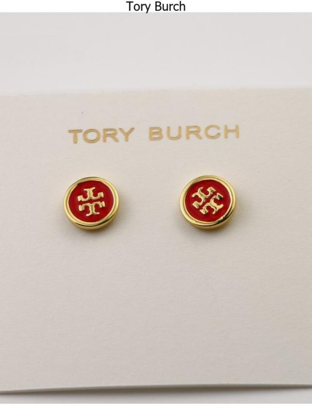 Tory Burch Gold and Red Enamel Logo Stud Earrings